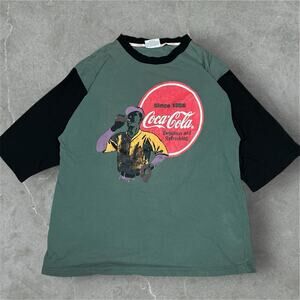 Vintage Coca-Cola T-Shirt Baseball Green Black Colorblock Elbow Sleeve Distress